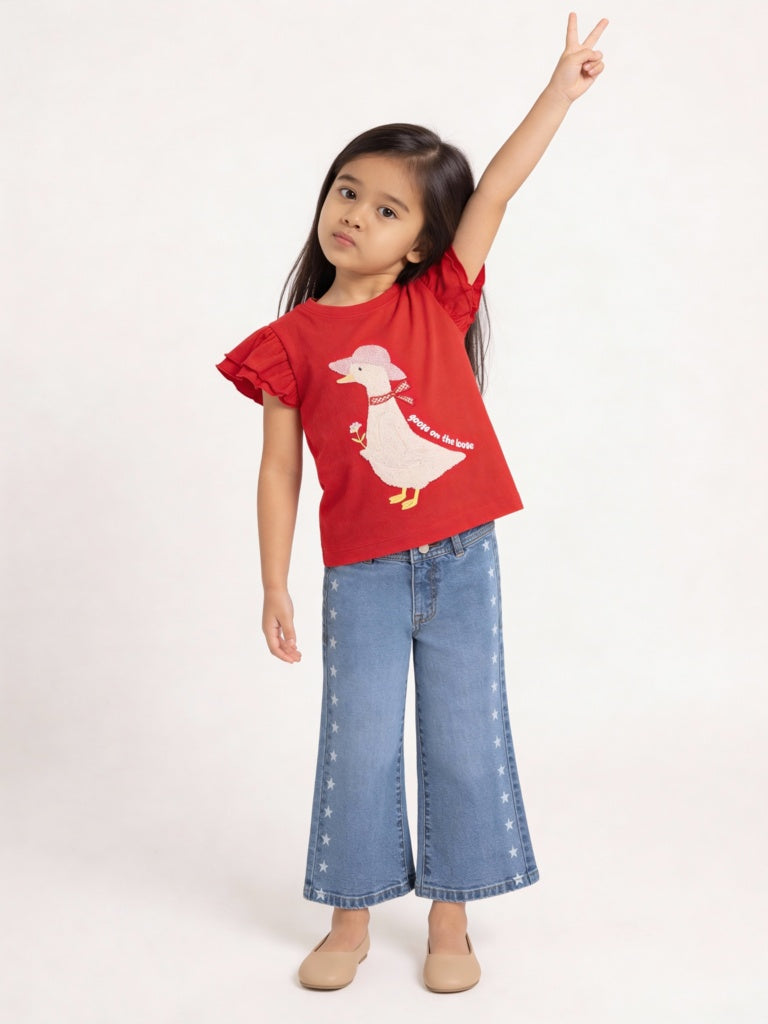 HOP Kids Girls Red Embroidered Cotton Top