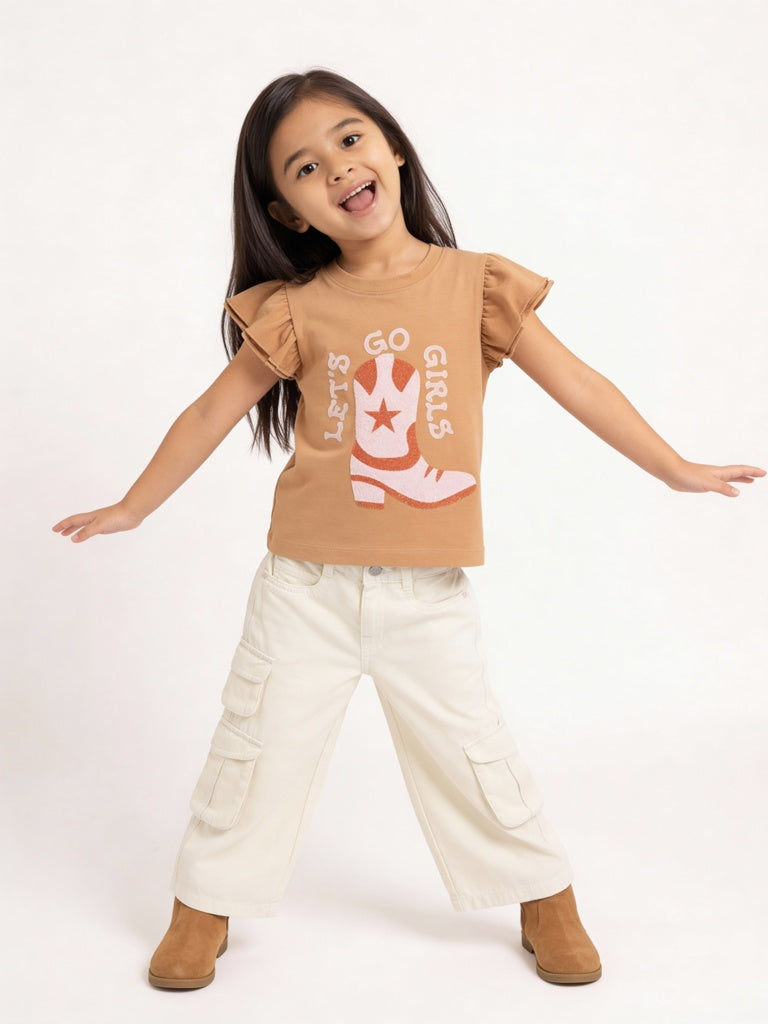 HOP Kids Girls Light Brown Embellished Cotton T-Shirt