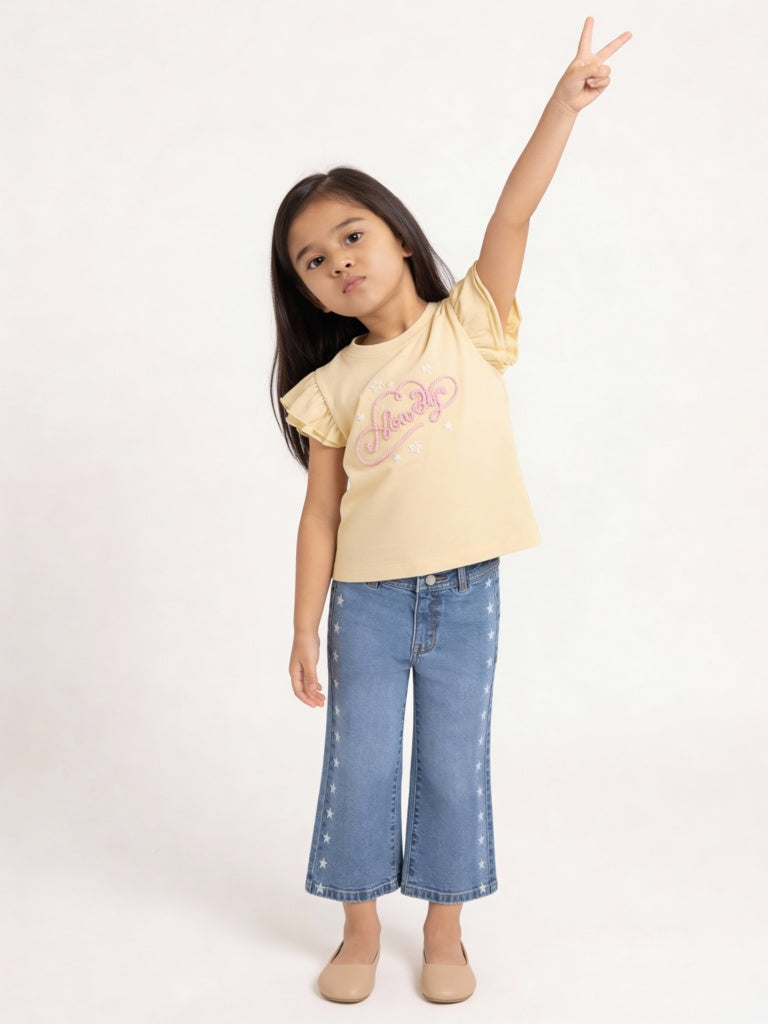 HOP Kids Girls Light Yellow Embroidered Cotton Top