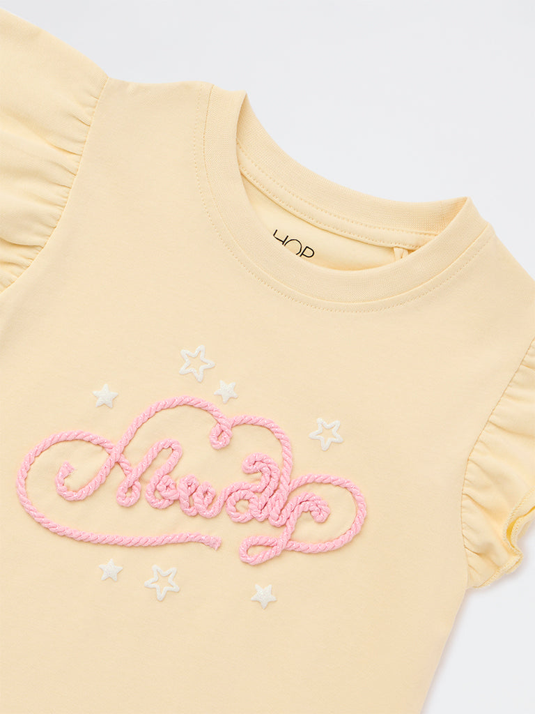 HOP Kids Girls Light Yellow Embroidered Cotton Top
