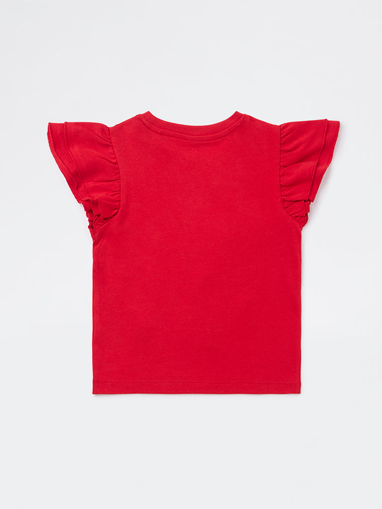 HOP Kids Girls Red Embroidered Cotton Top