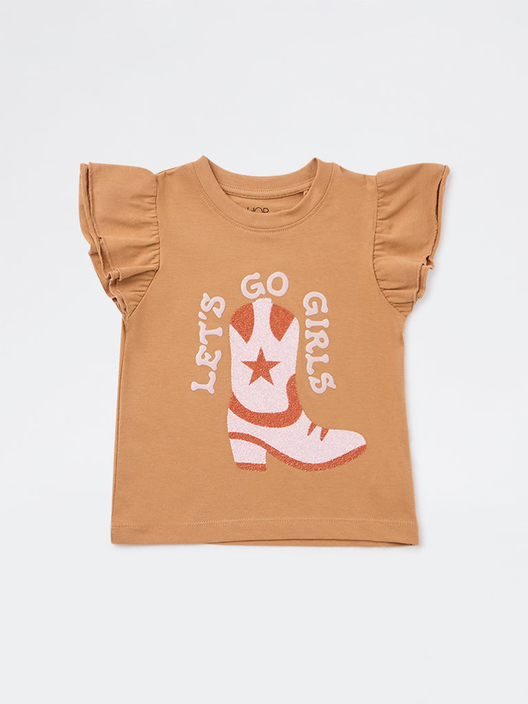 HOP Kids Girls Light Brown Embellished Cotton T-Shirt