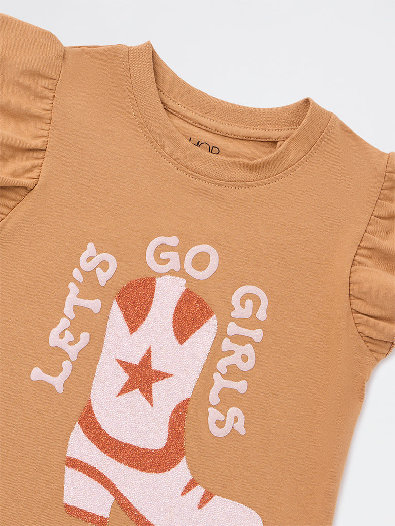 HOP Kids Girls Light Brown Embellished Cotton T-Shirt
