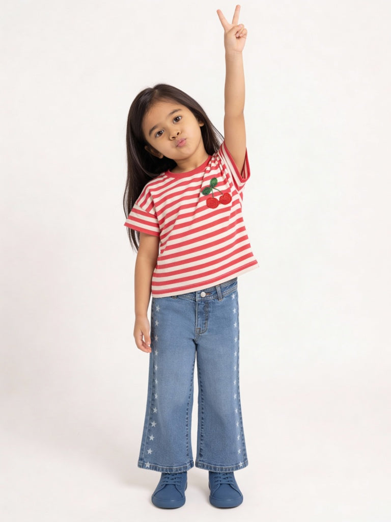 HOP Kids Girls Red Stripe Printed Cotton T-Shirt
