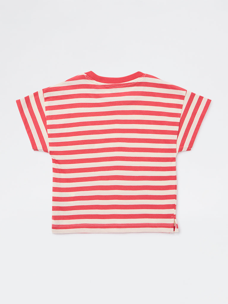 HOP Kids Girls Red Stripe Printed Cotton T-Shirt