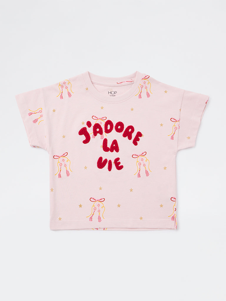 HOP Kids Girls Light Pink Text Embroidered Cotton T-Shirt