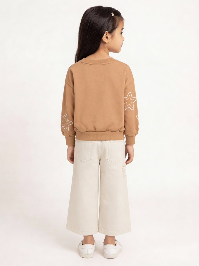 HOP Kids Girls Light Brown Star Design Cotton-Blend Sweatshirt