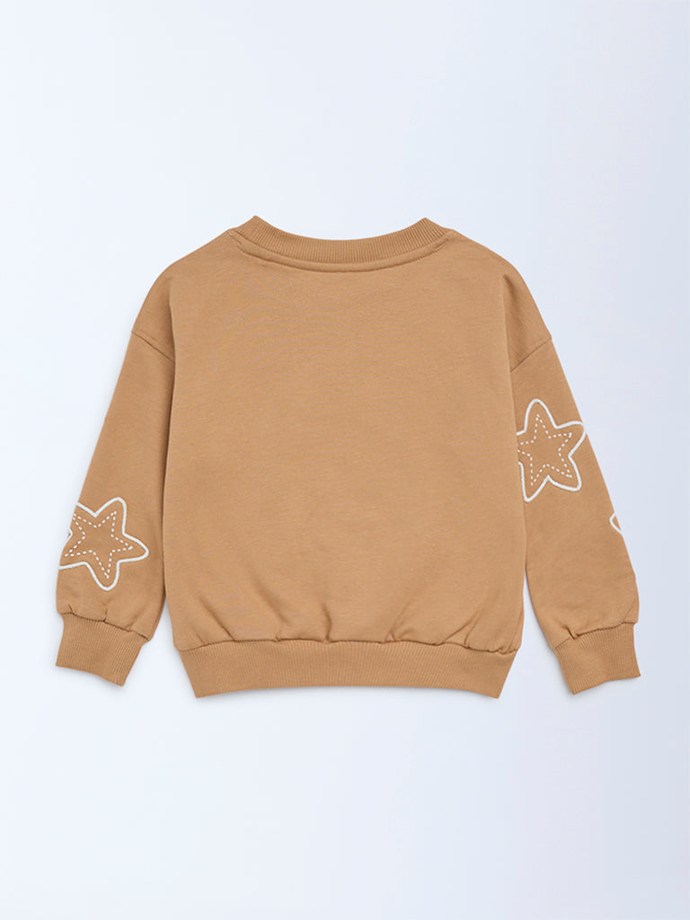 HOP Kids Girls Light Brown Star Design Cotton-Blend Sweatshirt
