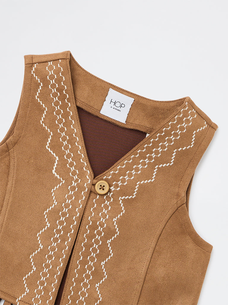HOP Kids Girls Tan Embroidered Tassel-Detail Suede Top