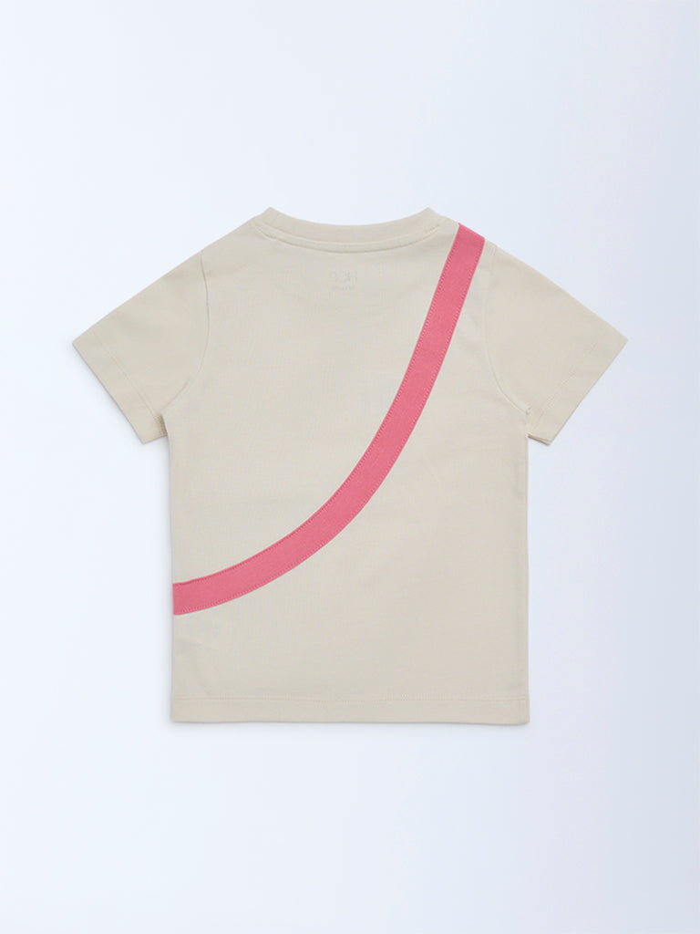 HOP Kids Girls Beige Embroidered Cotton T-Shirt