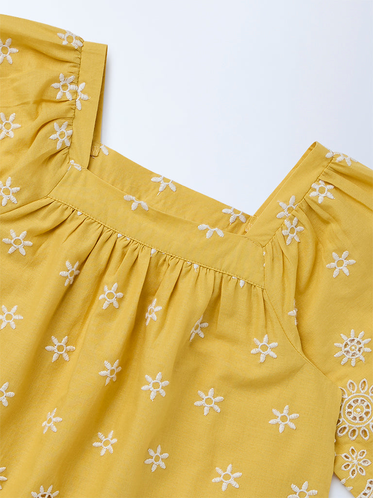 Utsa Kids Girls Yellow Embroidered Cotton Blouse - (2-8 yrs)