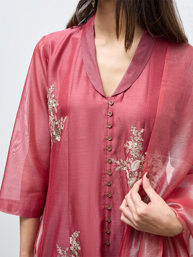 Vark Red Floral Embroidered Anarkali Cotton-Blend Ethnic Set