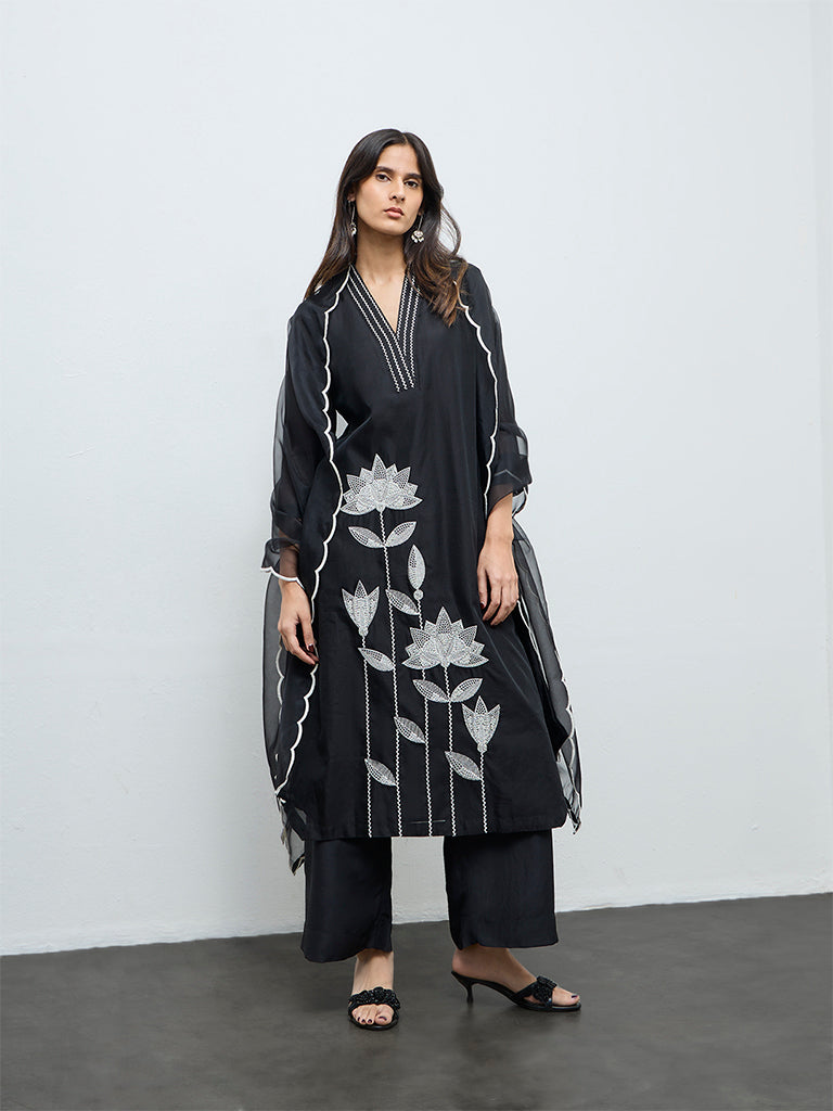 Vark Black Floral Embroidered A-Line Ethnic Set