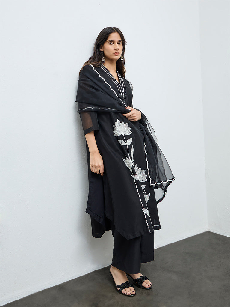 Vark Black Floral Embroidered A-Line Ethnic Set