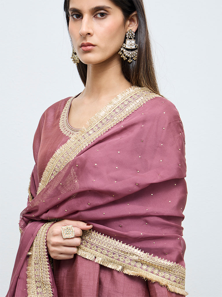 Vark Wine Embroidered A-Line Ethnic Set