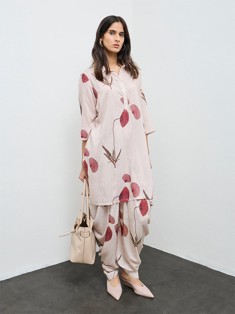 Zuba Cream Botanical Printed A-Line Kurta