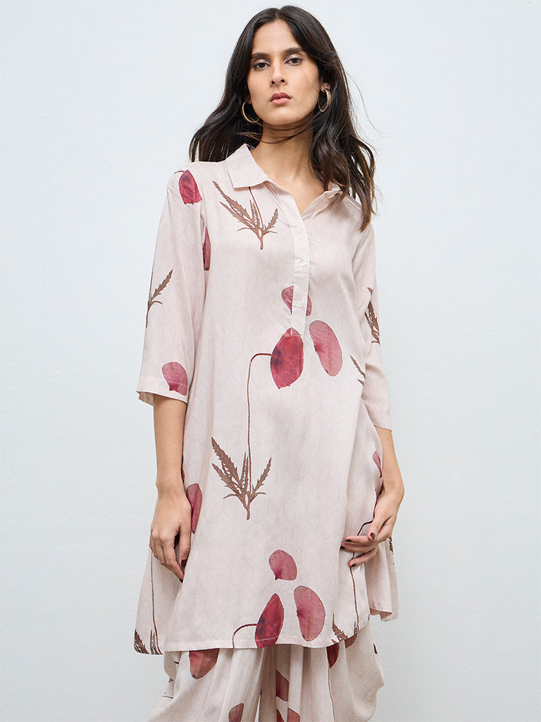 Zuba Cream Botanical Printed A-Line Kurta