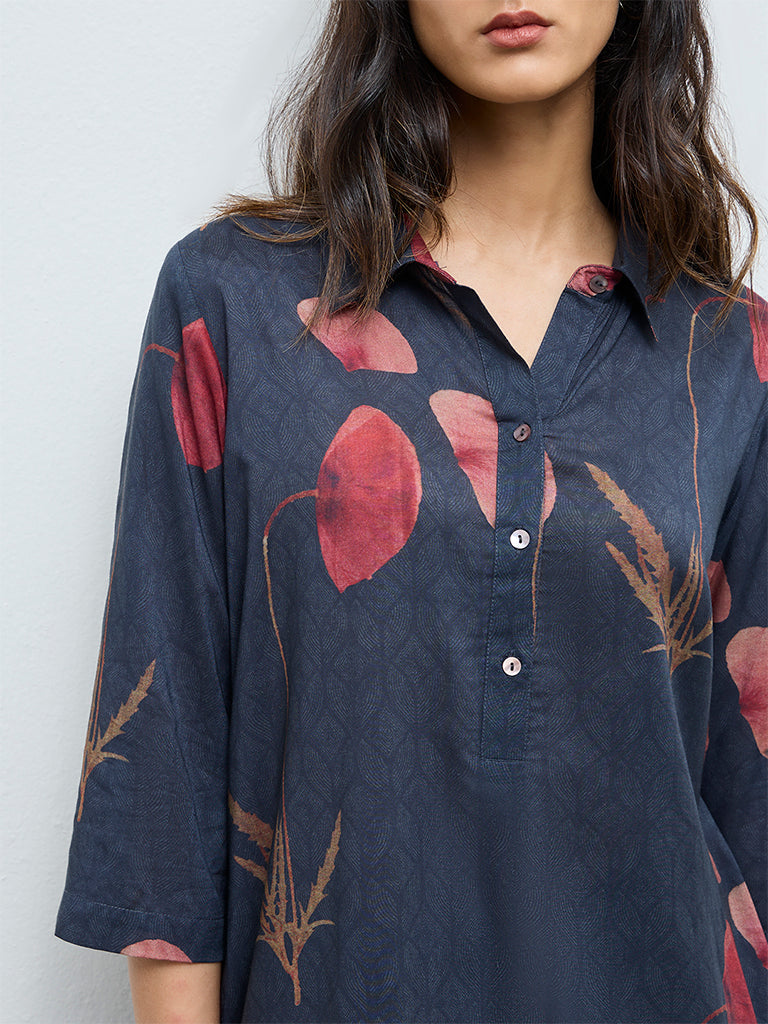 Zuba Navy Botanical Printed A-Line Kurta