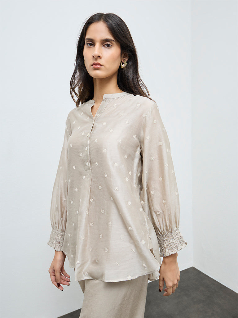 Zuba Beige Floral Embroidered Cotton-Blend Tunic with Inner