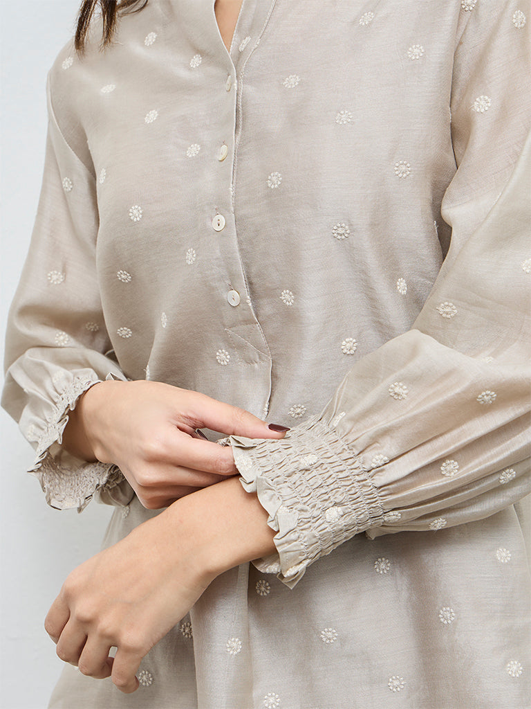 Zuba Beige Floral Embroidered Cotton-Blend Tunic with Inner