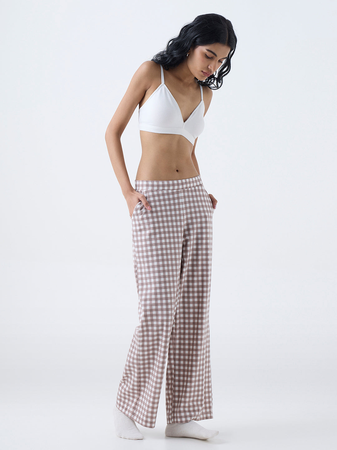 Superstar Brown Checks Detailed High-Rise Cotton-Blend Pants