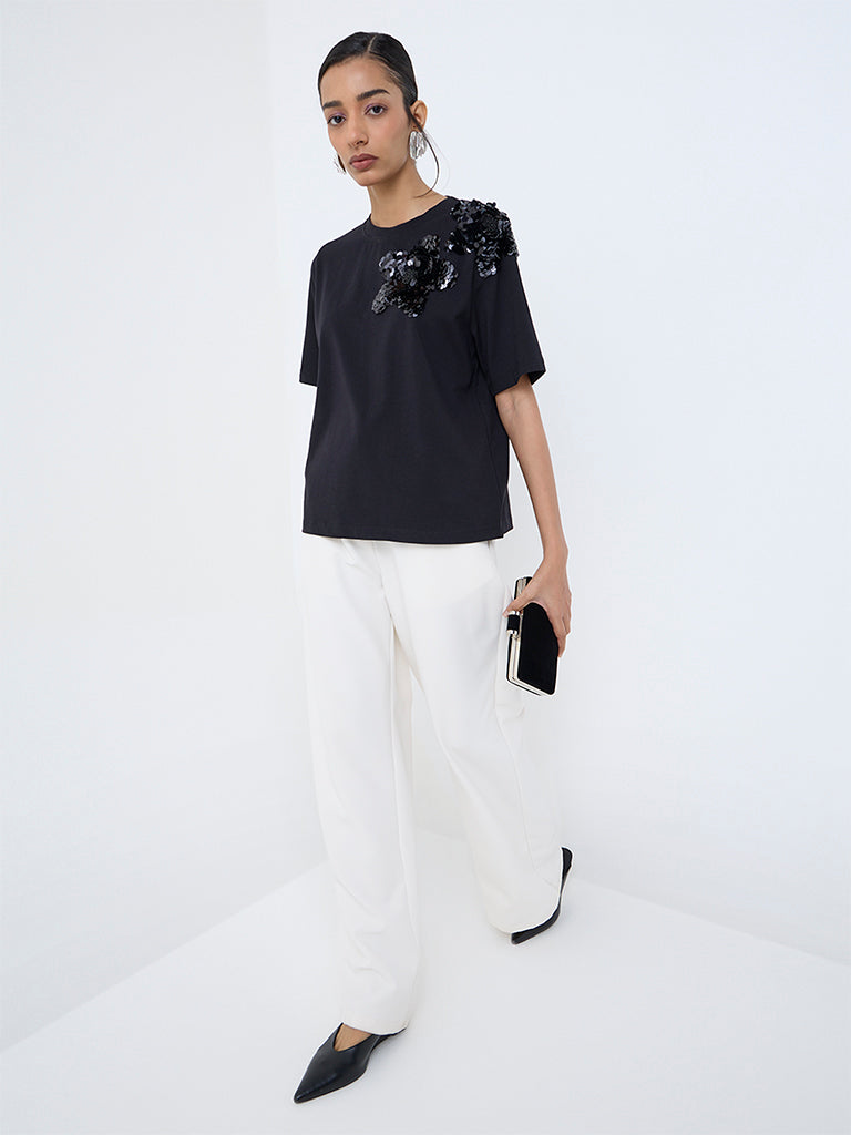 Wardrobe Black Embellished Cotton-Blend T-Shirt
