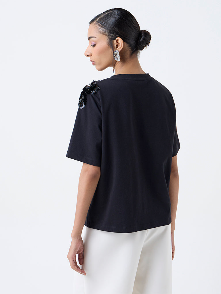 Wardrobe Black Embellished Cotton-Blend T-Shirt