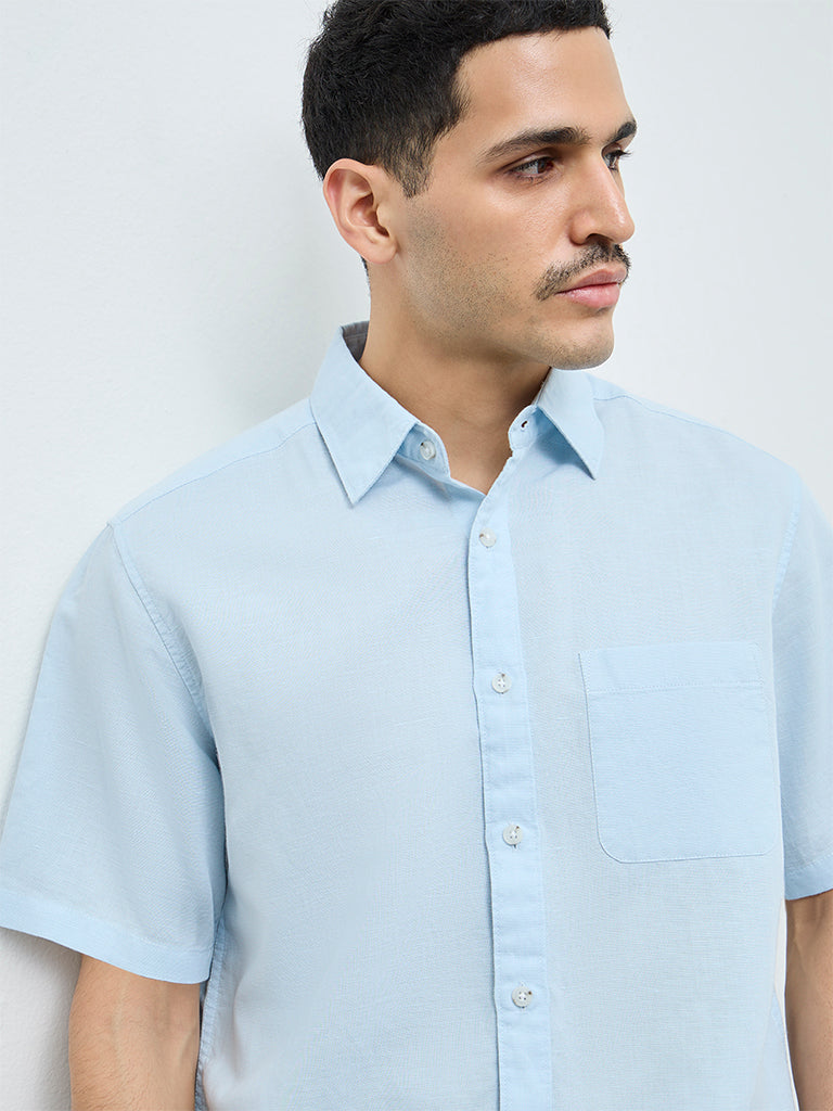WES Casuals Light Blue Solid Relaxed-Fit Linen-Blend Shirt