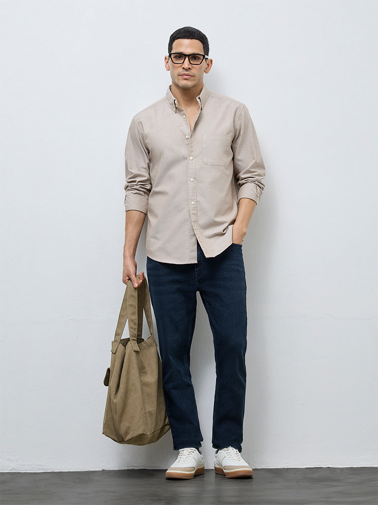 WES Casuals Beige Solid Relaxed-Fit Cotton Shirt