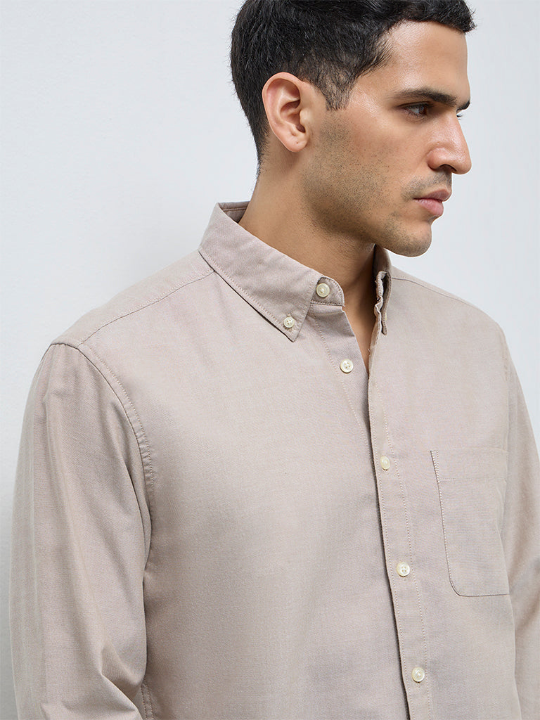 WES Casuals Beige Solid Relaxed-Fit Cotton Shirt
