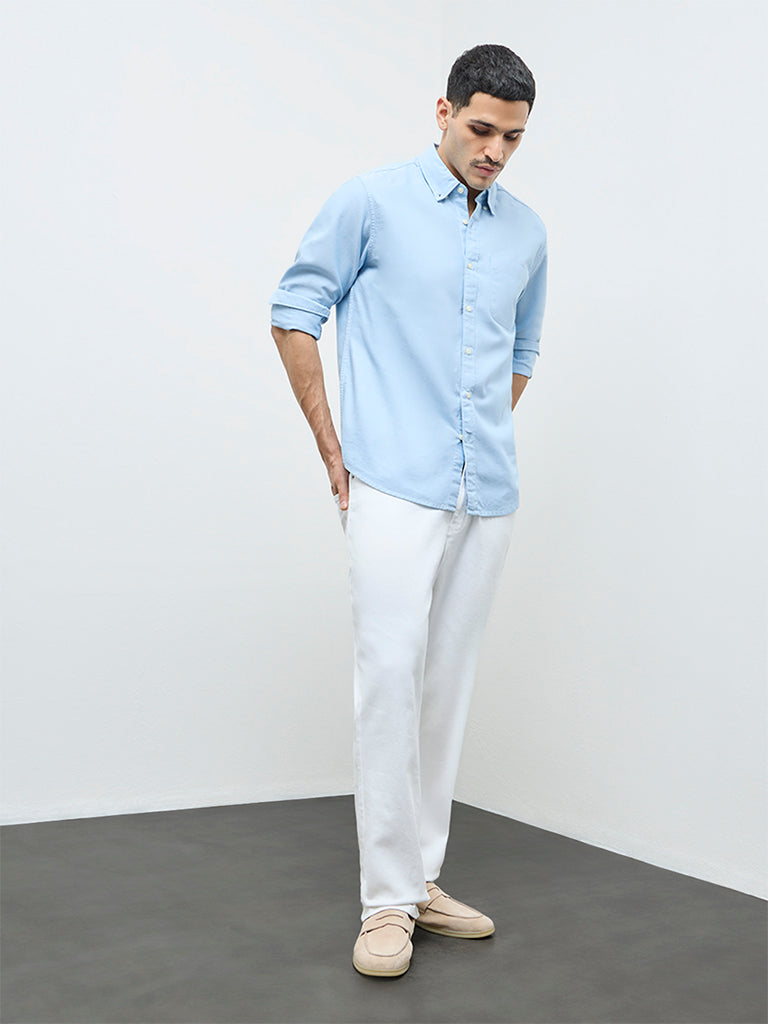 WES Casuals Light Blue Solid Relaxed-Fit Cotton Shirt