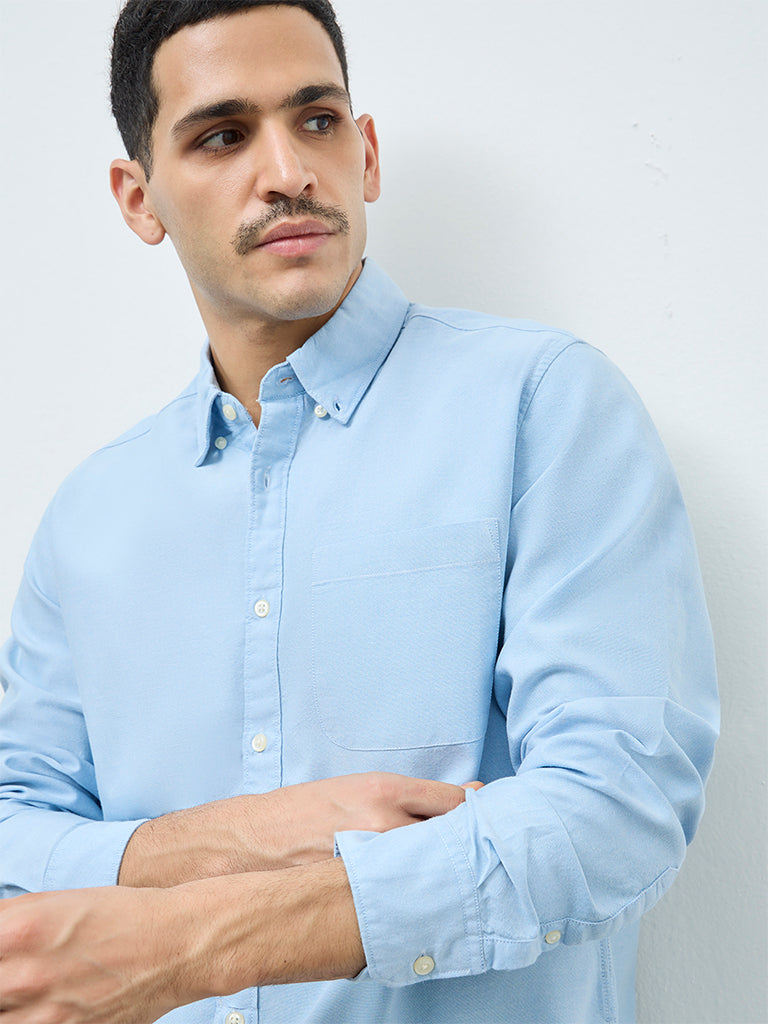 WES Casuals Light Blue Solid Relaxed-Fit Cotton Shirt