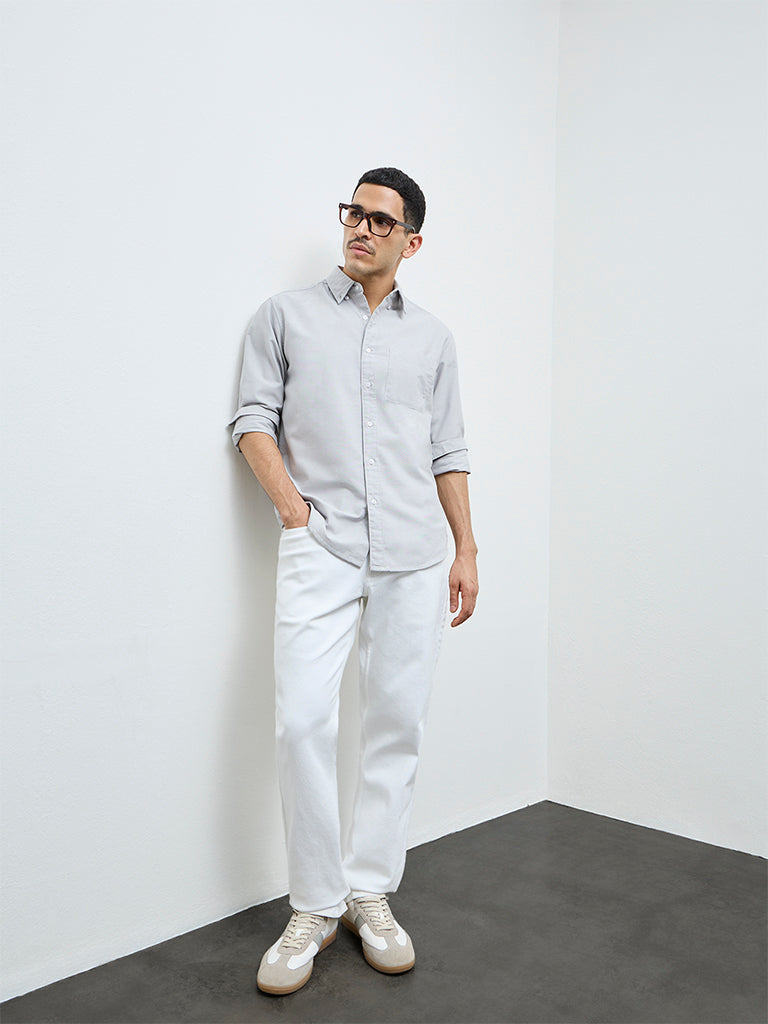 WES Casuals Light Grey Solid Relaxed-Fit Cotton Shirt