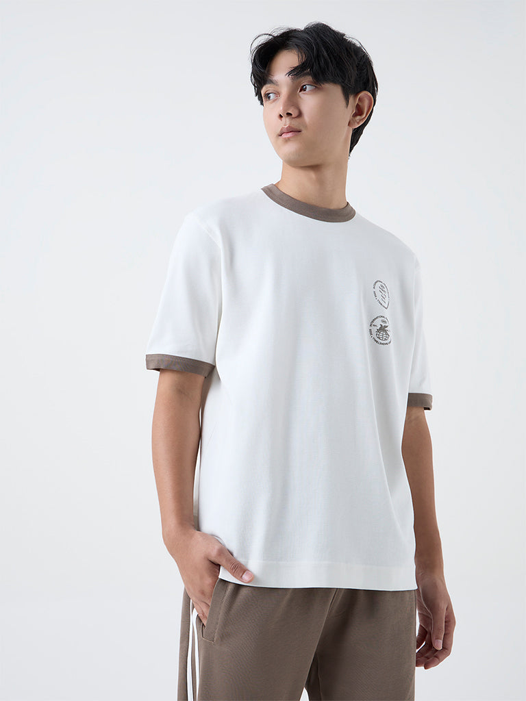 Studiofit Off-White Printed Relaxed-Fit Cotton-Blend T-Shirt