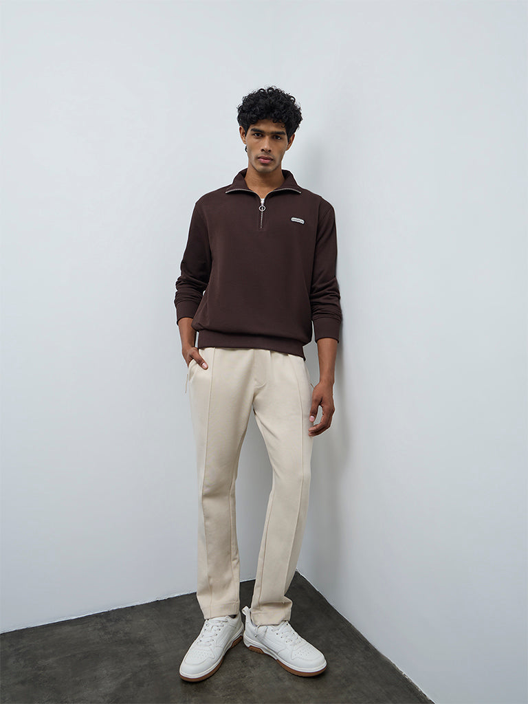 Nuoflexx Brown Patch-Detail Relaxed-Fit Cotton-Blend Quarter-Zip Sweatshirt