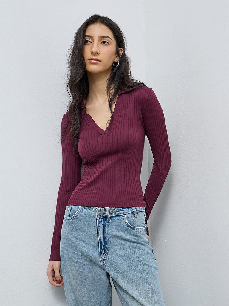 Nuon Burgundy Ribbed-Textured Top