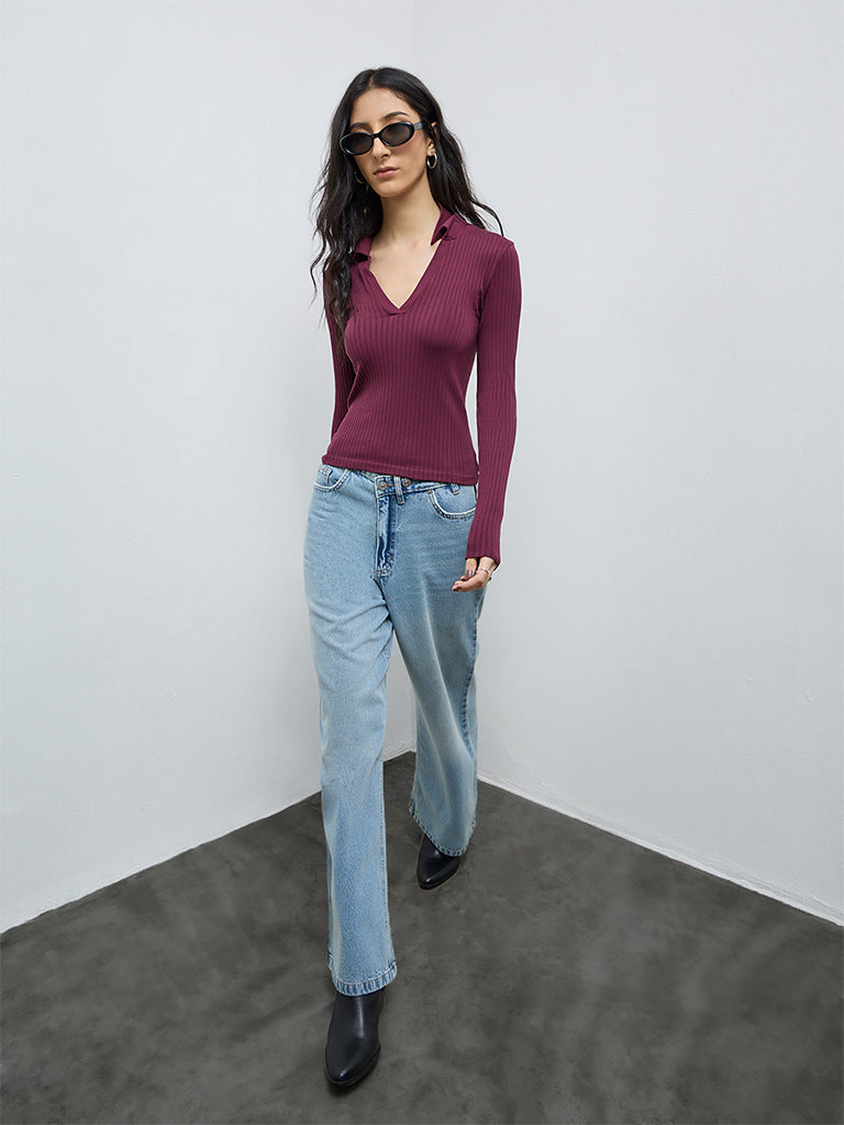 Nuon Burgundy Ribbed-Textured Top