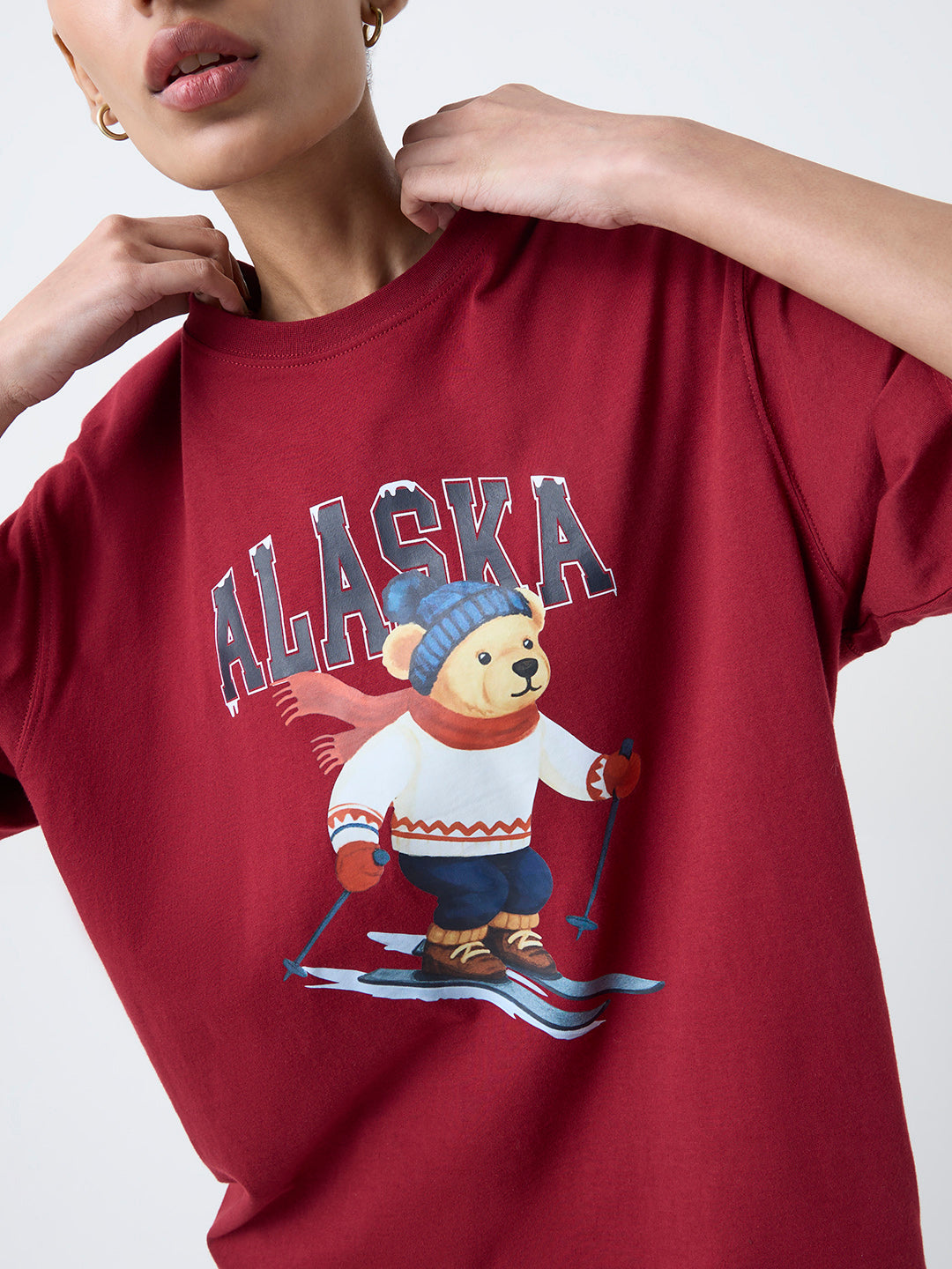 Nuon Burgundy Graphic Design Cotton T-Shirt