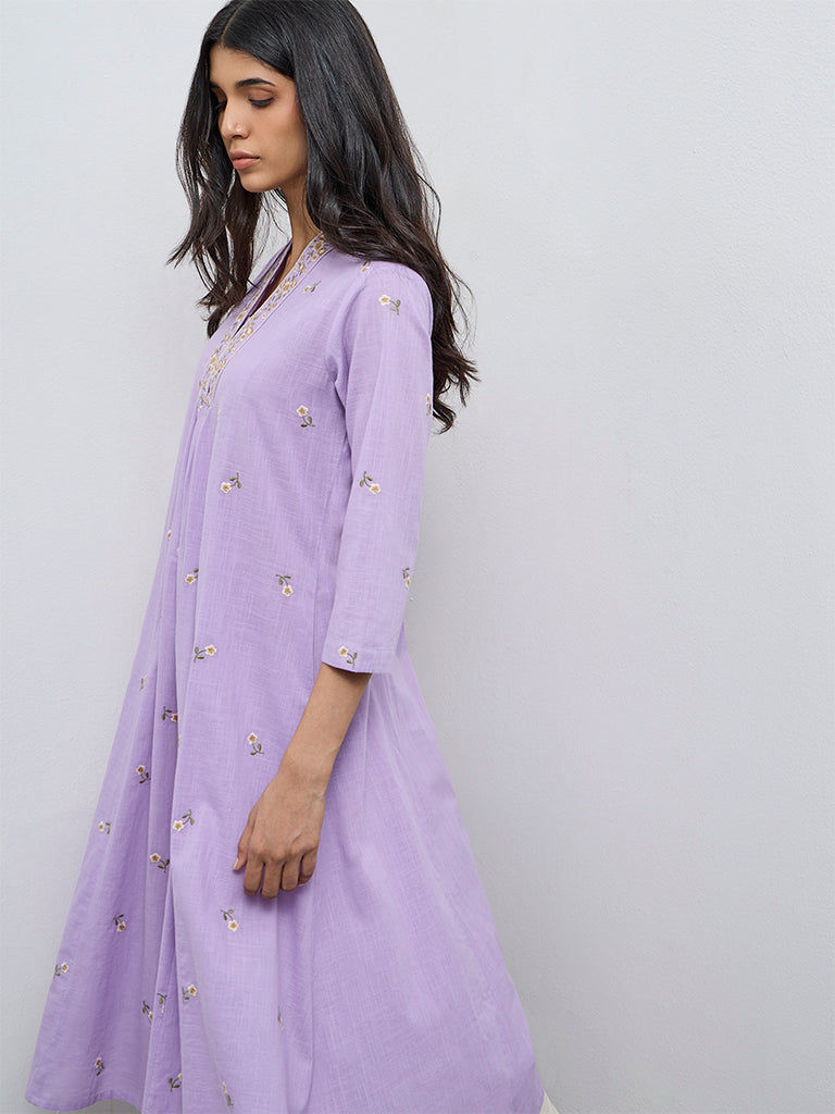 Utsa Purple Floral Embroidered Cotton A-Line Kurta