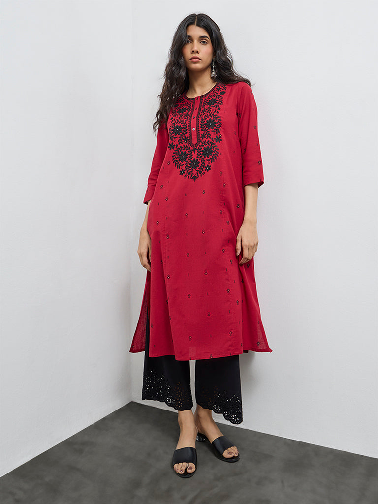 Utsa Red Floral Embroidered Cotton-Blend A-Line Kurta