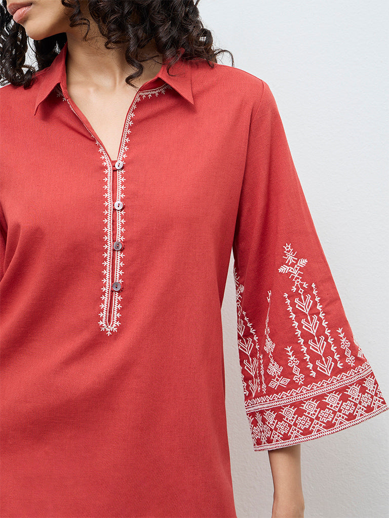 Utsa Red Embroidered Cotton-Blend A-Line Kurta