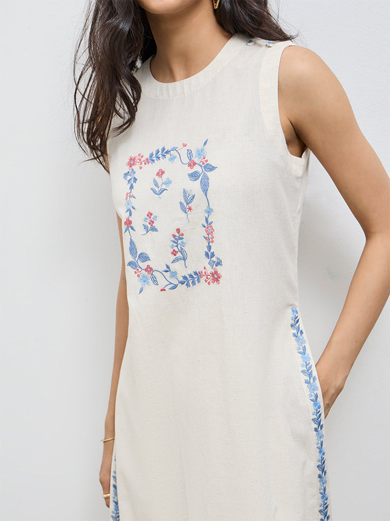 Utsa Off-White Floral Embroidered A-Line Cotton-Blend Kurta