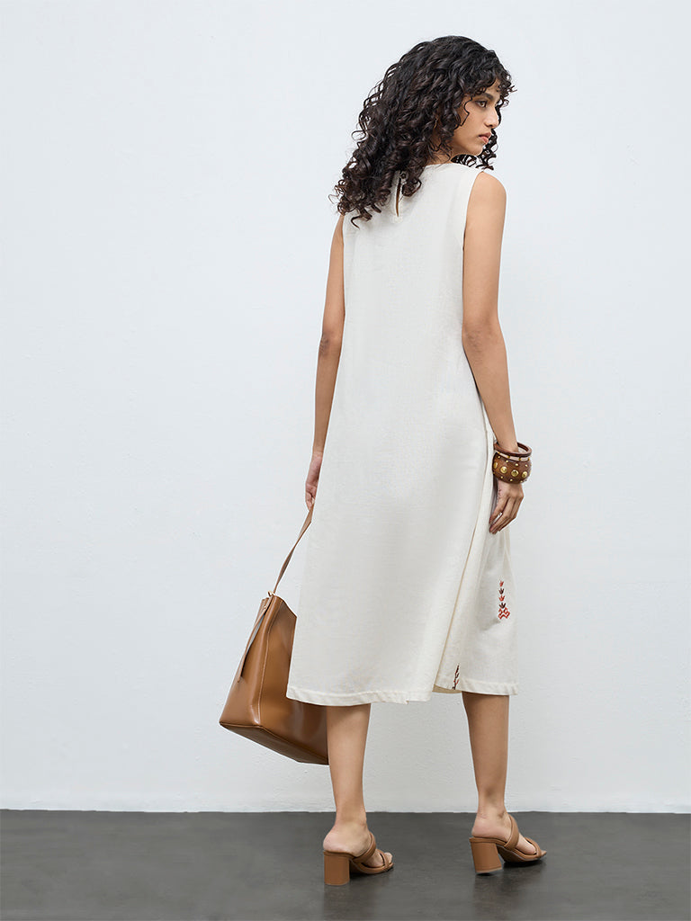 Utsa Off-White Embroidered Straight Cotton-Blend Dress
