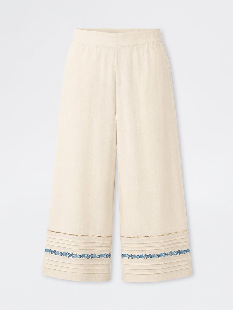 Utsa Off-White Pintuck Detail Cotton-Blend Pants