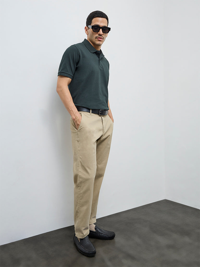WES Casuals Beige Relaxed-Fit Mid-Rise Cotton-Blend Trousers