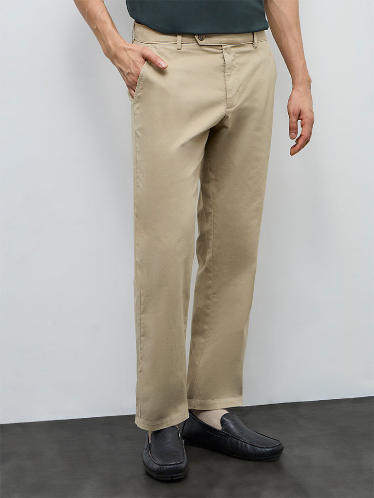 WES Casuals Beige Relaxed-Fit Mid-Rise Cotton-Blend Trousers