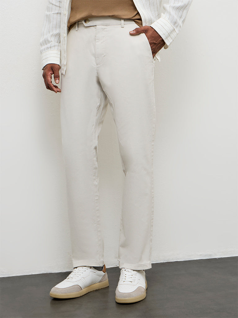 WES Casuals Off White Relaxed-Fit Mid-Rise Cotton-Blend Trousers
