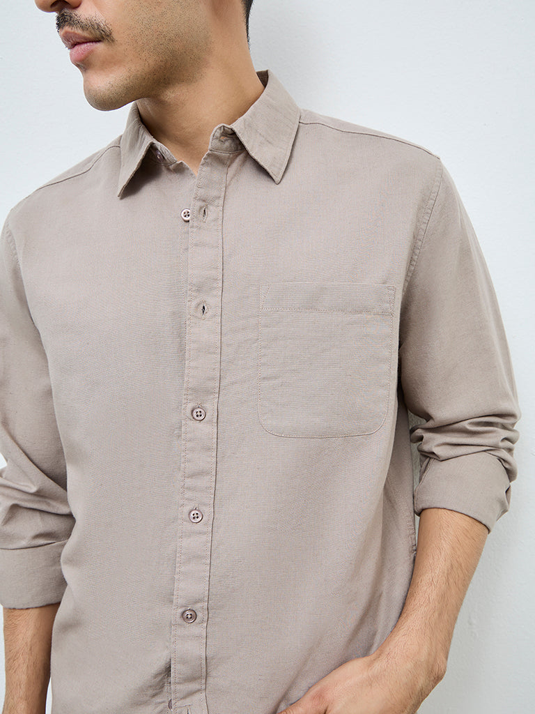 WES Casuals Taupe Relaxed-Fit Cotton-Blend Shirt