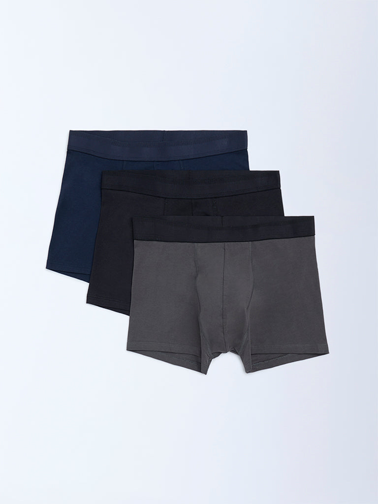 WES Lounge Navy Solid Cotton Trunks - Pack of 3