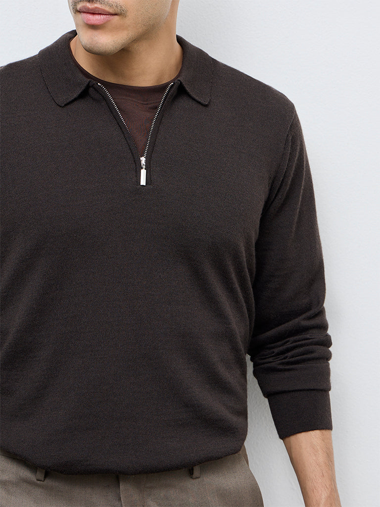 WES Formals Dark Brown Relaxed-Fit Quarter-Zip Sweater